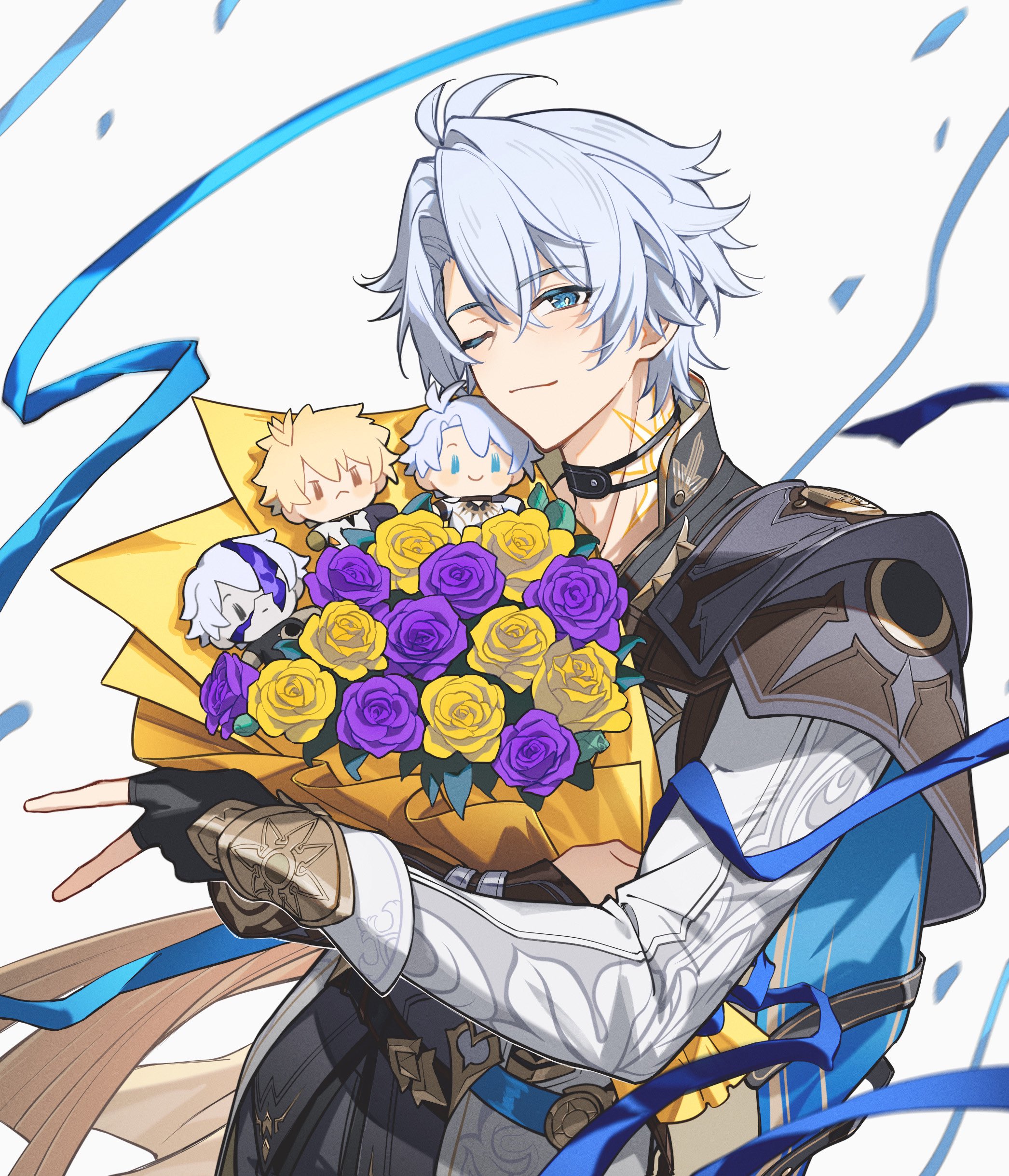 hei lang, flame reaver of the deepest dark, phainon (honkai: star rail), phainon (khaslana) (honkai: star rail), honkai: star rail, honkai (series), absurdres, commentary, english commentary, highres, 1boy, antenna hair, arm armor, armor, belt, black belt, black choker, black gloves, black pants, blue cape, blue eyes, bouquet, cape, character doll, choker, closed mouth, confetti, cowboy shot, crossed bangs, doll, fingerless gloves, floating cape, flower, gloves, gold trim, hair between eyes, holding, holding bouquet, jacket, leaf, long sleeves, looking at viewer, male focus, neck tattoo, one eye closed, pants, purple flower, purple rose, rose, short hair, shoulder armor, simple background, single glove, smile, solo, standing, sun symbol, sun tattoo, tan, tape, tattoo, two-sided cape, two-sided fabric, upper body, v, white background, white hair, white jacket, yellow cape, yellow flower, yellow pupils, yellow rose