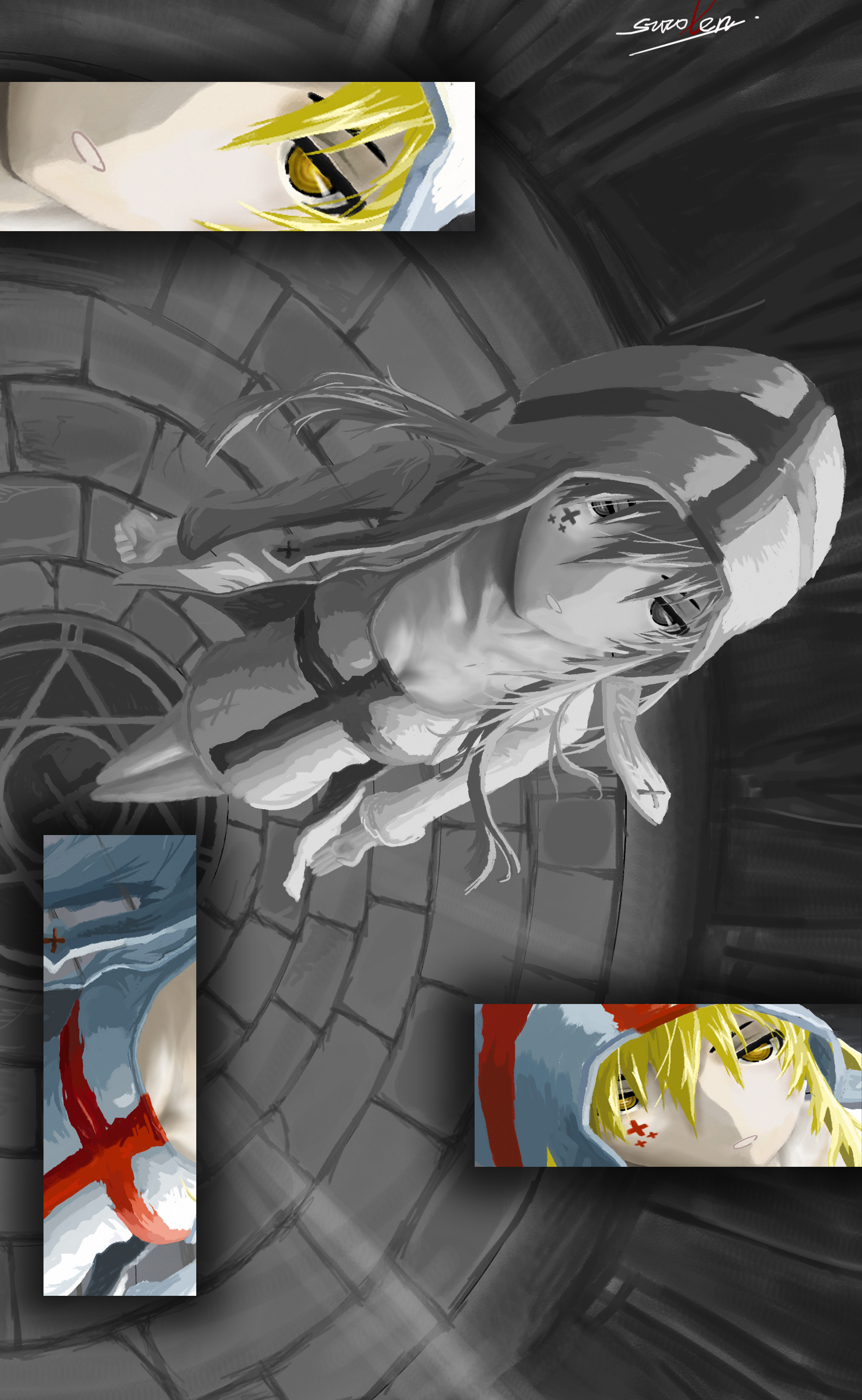 surolen, absurdres, bad id, bad pixiv id, highres, 1girl, blonde hair, cross, female focus, partially colored, solo, yellow eyes