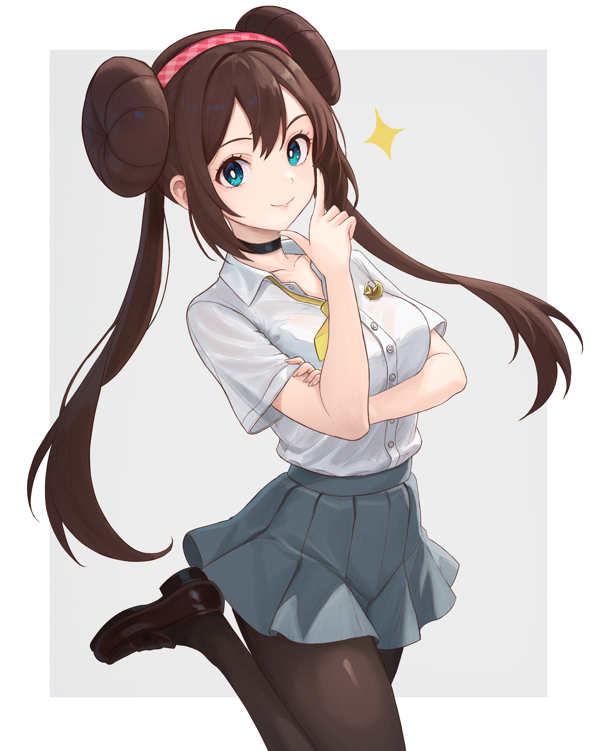 truejekart, rosa (pokemon), nintendo, pokemon, pokemon bw2, absurdres, highres, 1girl, black choker, black pantyhose, blue eyes, bow, breasts, brown hair, choker, closed mouth, collarbone, collared shirt, double bun, grey skirt, hair bun, hairband, long hair, looking at viewer, pantyhose, pink hairband, pleated skirt, red hairband, shirt, short sleeves, simple background, skirt, smile, solo, sparkle, twintails, white shirt, yellow bow