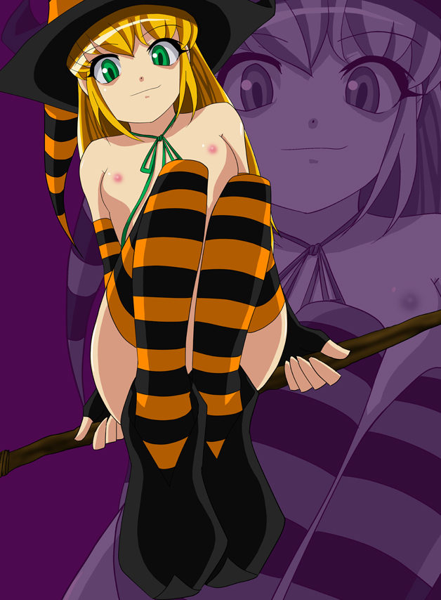 hentyler, original, striped legwear, blonde hair, breasts, broom, broom riding, elbow gloves, fingerless gloves, flat chest, gloves, green eyes, hat, long hair, nipples, nude, smile, striped clothes, striped gloves, thighhighs, witch, witch hat