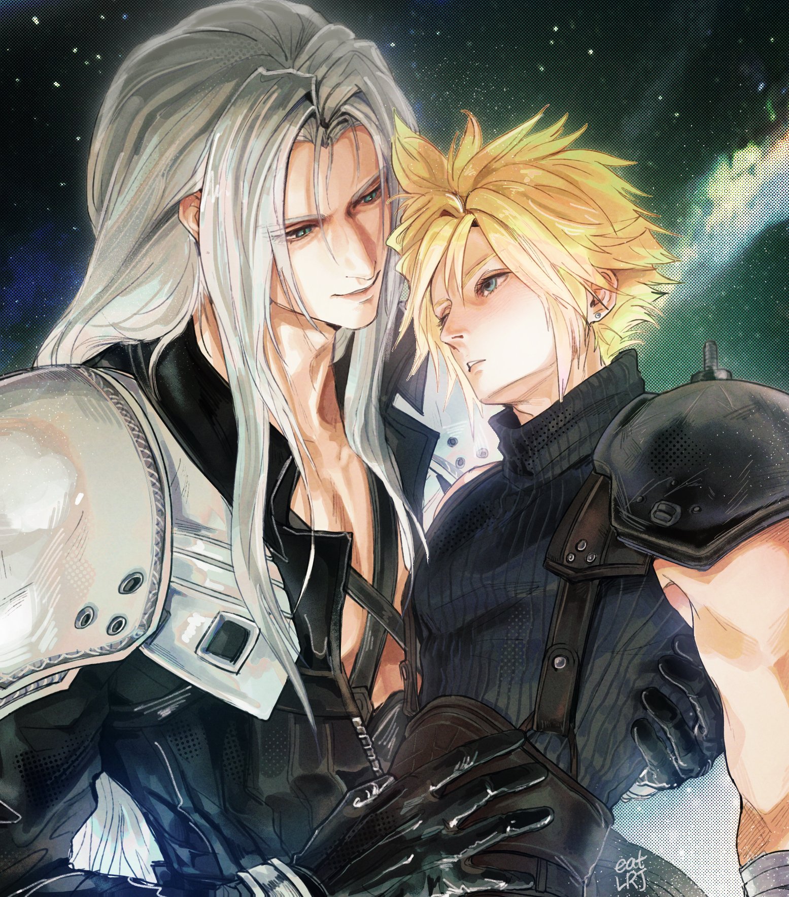 eatlrj, cloud strife, sephiroth, final fantasy, final fantasy vii, final fantasy vii remake, hashtag-only commentary, highres, 2boys, armor, black coat, black gloves, black sweater, blonde hair, blue eyes, chest strap, coat, gloves, green eyes, grey hair, hair intakes, hand on another's stomach, height difference, light smile, long bangs, long hair, long sleeves, looking at another, male focus, multiple boys, night, outdoors, parted bangs, parted lips, pauldrons, short hair, shoulder armor, single pauldron, sky, sleeveless, sleeveless sweater, sleeveless turtleneck, slit pupils, solo, spiked hair, star (sky), starry sky, suspenders, sweater, toned, toned male, turtleneck, upper body
