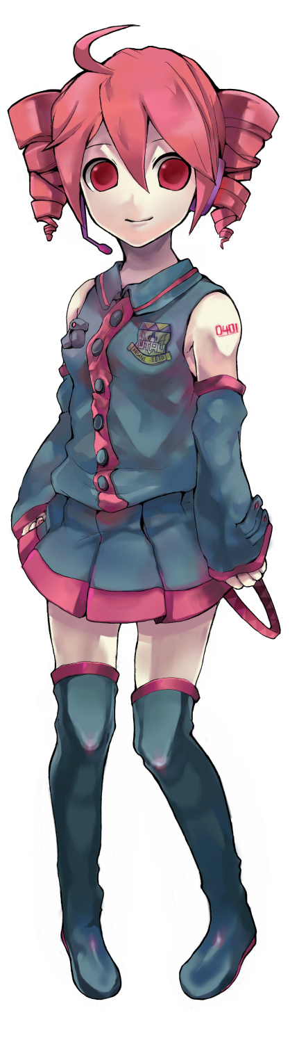 kasane teto, kasane teto (utau), utau, vocaloid, highres, long image, tall image, 1girl, ahoge, boots, detached sleeves, drill hair, empty eyes, female focus, red eyes, red hair, skirt, solo, thighhighs, twin drills, twintails