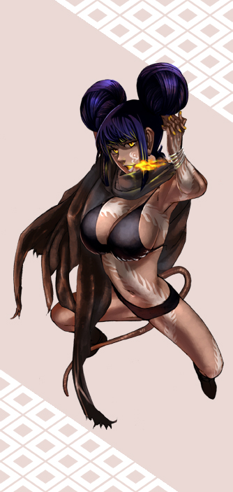 sakamoto kengo, 1girl, armpits, arms up, bikini, black hair, breasts, cleavage, double bun, female focus, fire, full body, large breasts, solo, swimsuit, tail, tattoo, yellow eyes