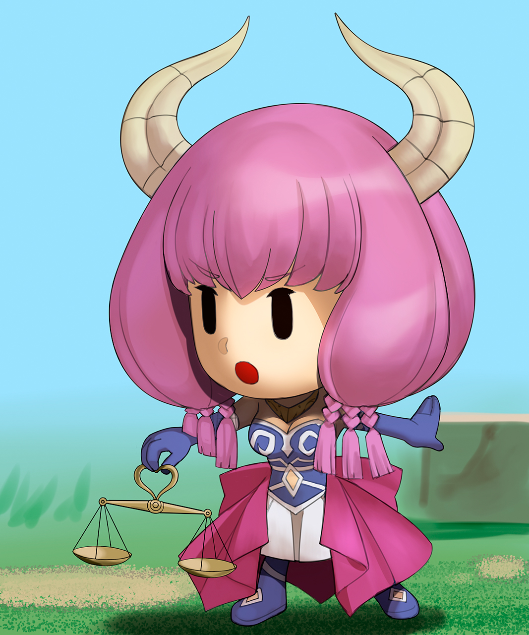 a1 (initial-g), aura (sousou no frieren), nintendo, sousou no frieren, the legend of zelda, the legend of zelda: echoes of wisdom, commentary request, highres, 1girl, :o, balance scale, blue boots, blue gloves, boots, braid, breasts, chibi, cleavage, clothing cutout, curled horns, elbow gloves, full body, gloves, holding scale, horns, large breasts, navel cutout, open mouth, parody, solid oval eyes, solo, style parody, weighing scale