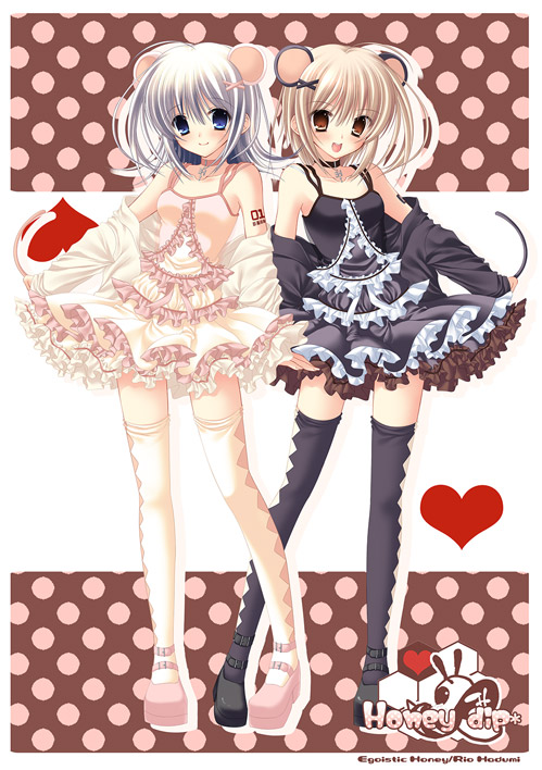 hazumi rio, original, silver hair, 2girls, animal ears, black vs white, blonde hair, blue eyes, brown eyes, dress, frills, hair ornament, hairclip, heart, legs, mouse ears, mouse tail, multiple girls, short hair, smile, tail, thighhighs, zettai ryouiki