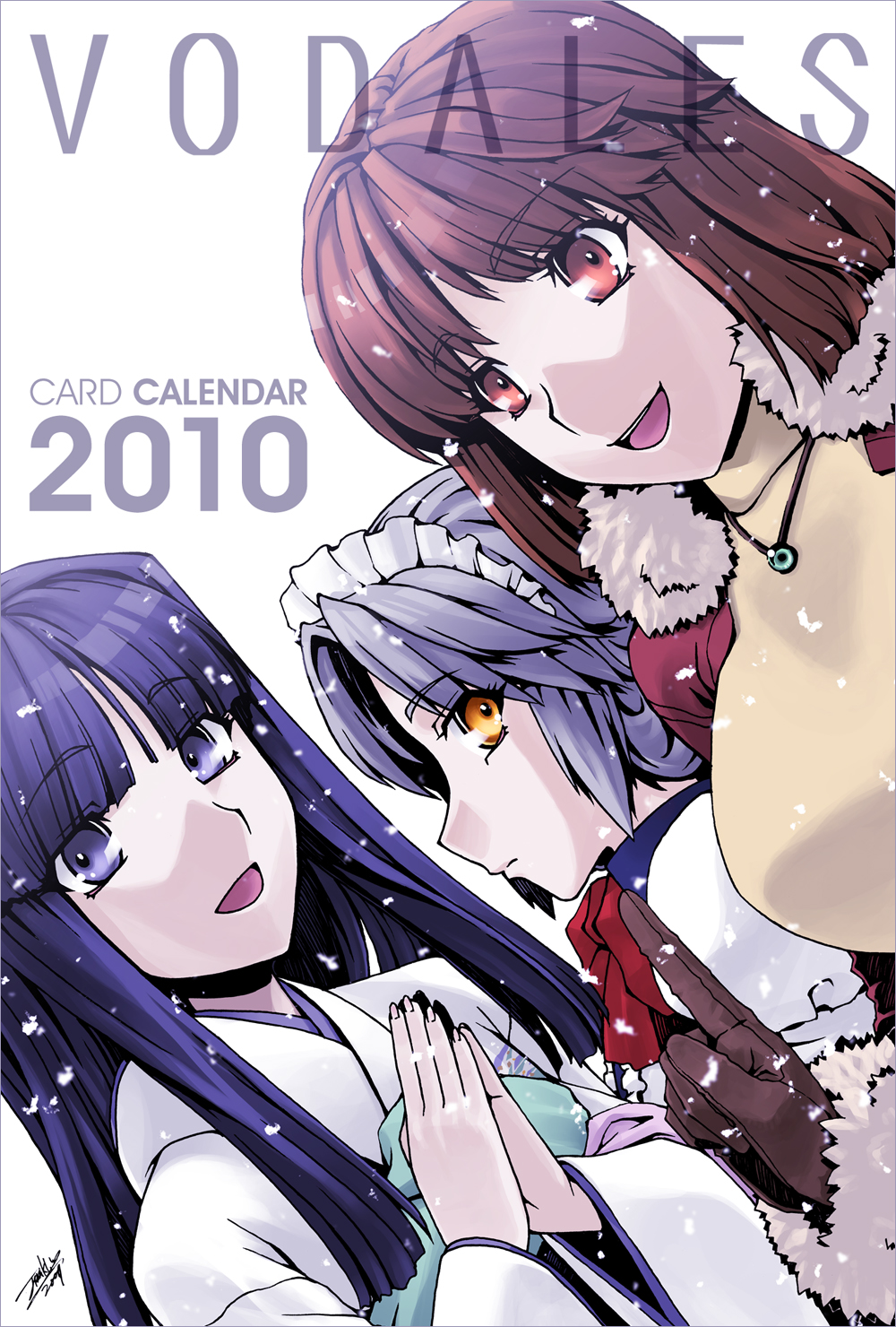 watanabe hiroaki, highres, 3girls, blue eyes, blue hair, brown eyes, brown hair, gloves, hairband, jacket, japanese clothes, jewelry, kimono, multiple girls, necklace, snow, yellow eyes