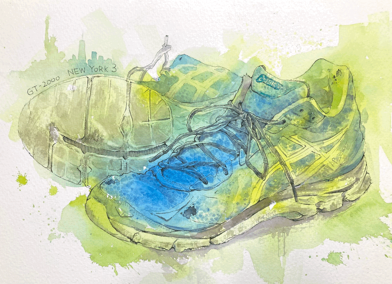 tj (tenjiku200), original, commentary request, painting (medium), traditional media, watercolor (medium), clothes focus, english text, new york city, no humans, shoelaces, shoes, skyline, sneakers, still life, unworn shoes