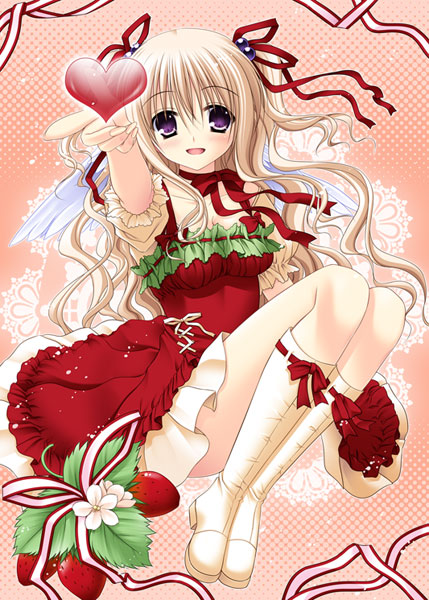 hazumi rio, original, bad id, bad pixiv id, 1girl, blonde hair, boots, dress, female focus, food, food-themed clothes, frills, fruit, full body, hair ribbon, heart, legs, long hair, ribbon, smile, solo, strawberry, twintails