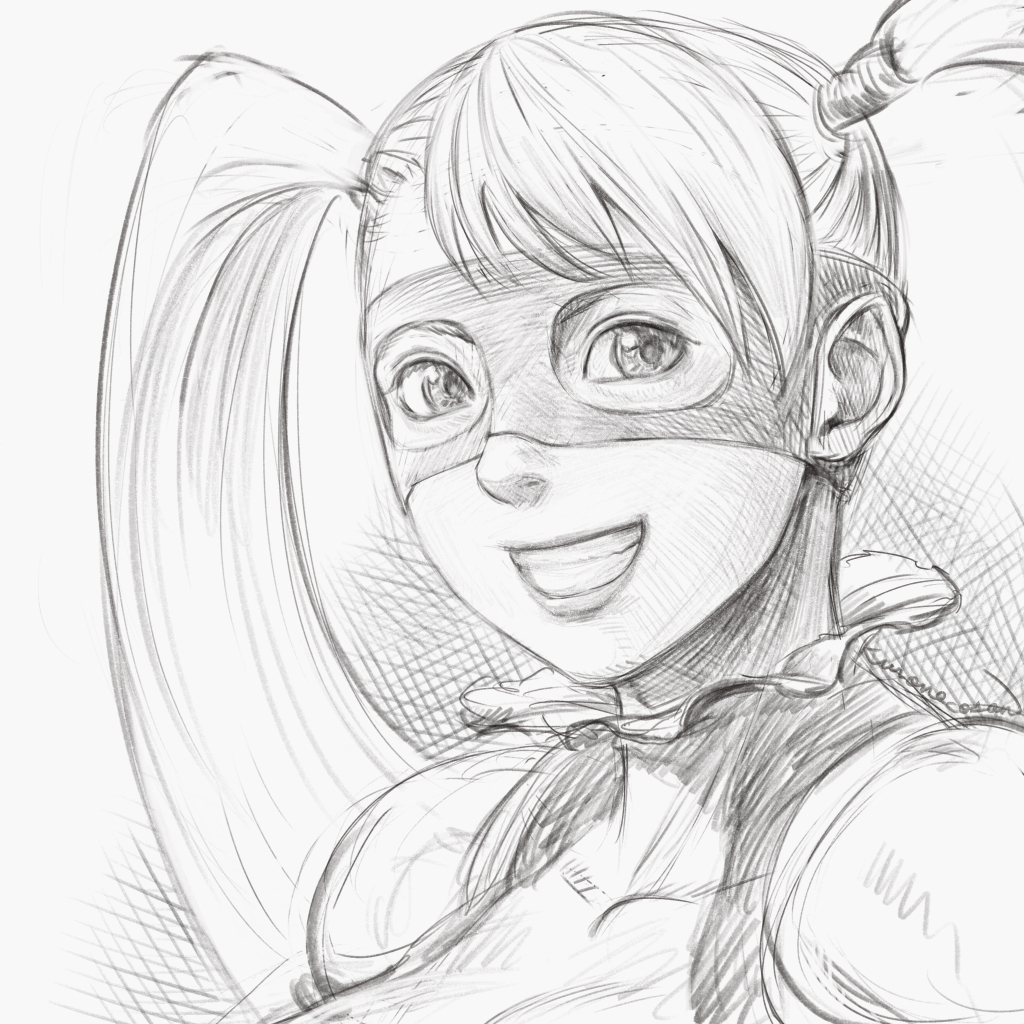 kuroneco, rainbow mika, street fighter, commentary request, 1girl, crosshatching, eye mask, greyscale, hatching (texture), mask, monochrome, signature, smile, solo, twintails, wrestling mask, wrestling outfit