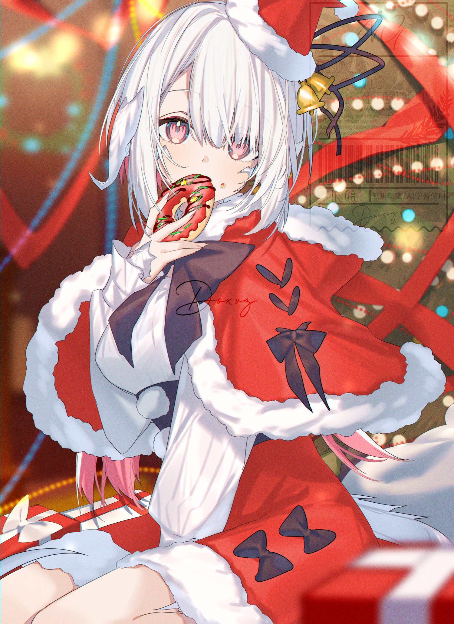 motsuni (lxxe1120), warrior of light (ff14), final fantasy, final fantasy xiv, highres, 1girl, au ra, black bow, bow, breasts, capelet, christmas present, christmas tree, colored inner hair, donut, dragon girl, dragon horns, dragon tail, eating, food, fur-trimmed capelet, fur-trimmed skirt, fur trim, gift, hat, hat bell, holding, holding donut, holding food, hood, hooded capelet, horns, long hair, looking at viewer, medium breasts, mini hat, mini santa hat, mistletoe, multicolored hair, pink hair, red capelet, red eyes, red skirt, santa costume, santa hat, scales, signature, sitting, skirt, solo, sweater, tail, wariza, white hair, white sweater