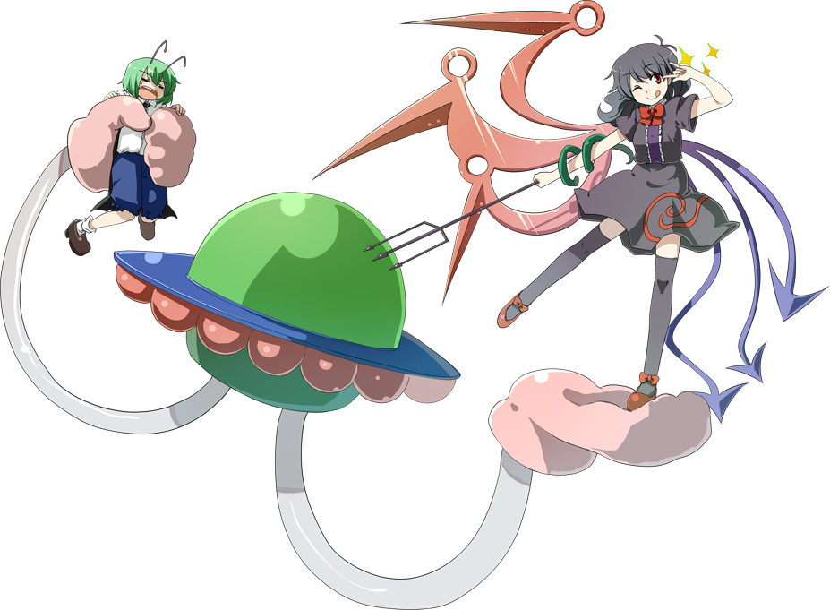 hota, houjuu nue, wriggle nightbug, touhou, 2girls, :d, :p, antennae, black hair, black thighhighs, dress, female focus, green hair, m/, multiple girls, open mouth, polearm, red eyes, short hair, smile, snake, spear, thighhighs, tongue, tongue out, trident, ufo, weapon, white background, zettai ryouiki