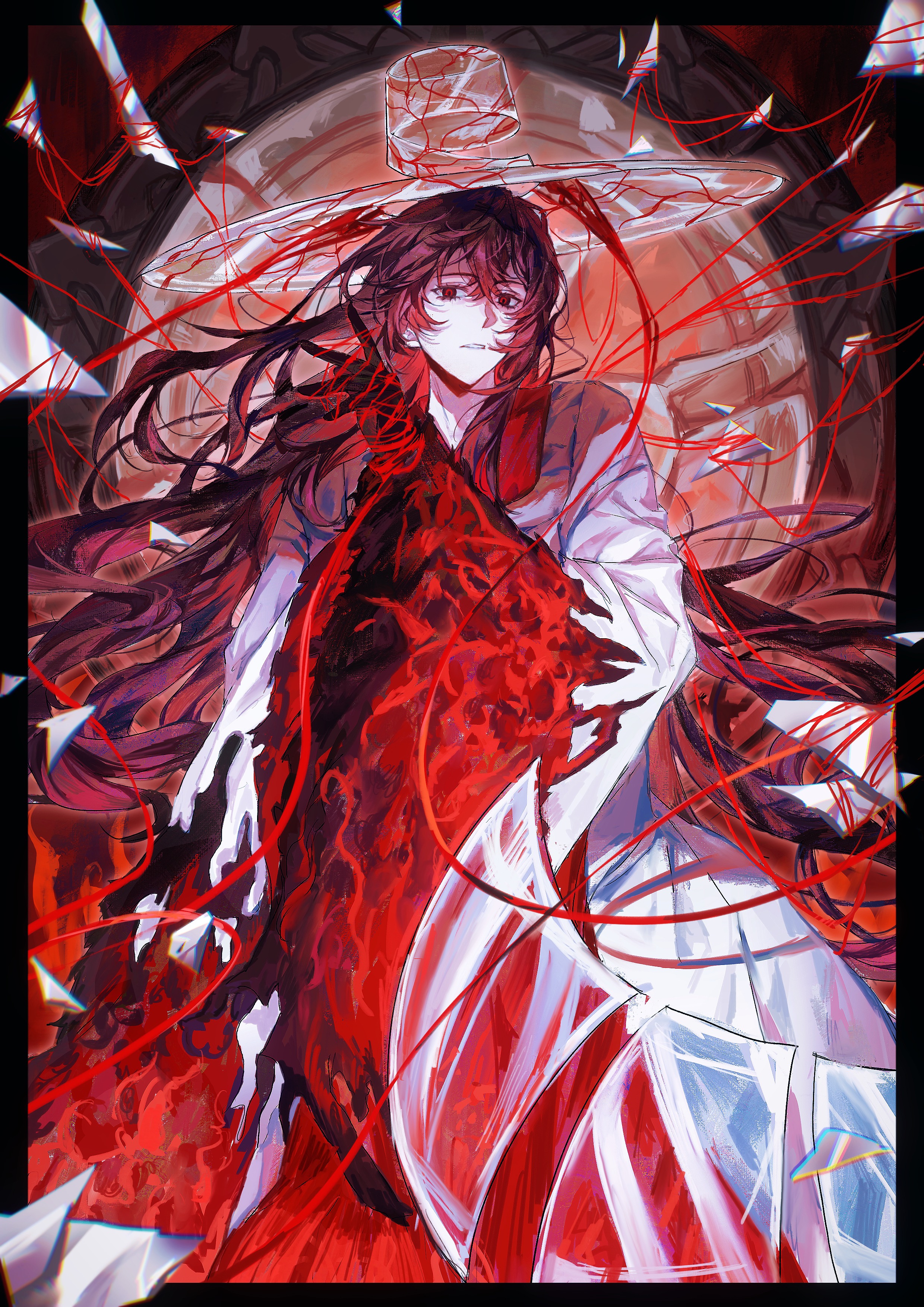 xiaorourose, yi sang (project moon), limbus company, project moon, absurdres, highres, 1boy, black hair, broken glass, burning clothes, e.g.o (project moon), gat (hat), glass, glass shards, great trichiliocosm (e.g.o), hair between eyes, hanbok, hat, korean clothes, long hair, long sleeves, looking at viewer, male focus, red eyes, see-through hat, solo, string, string of fate, torn clothes, very long hair, white hanbok