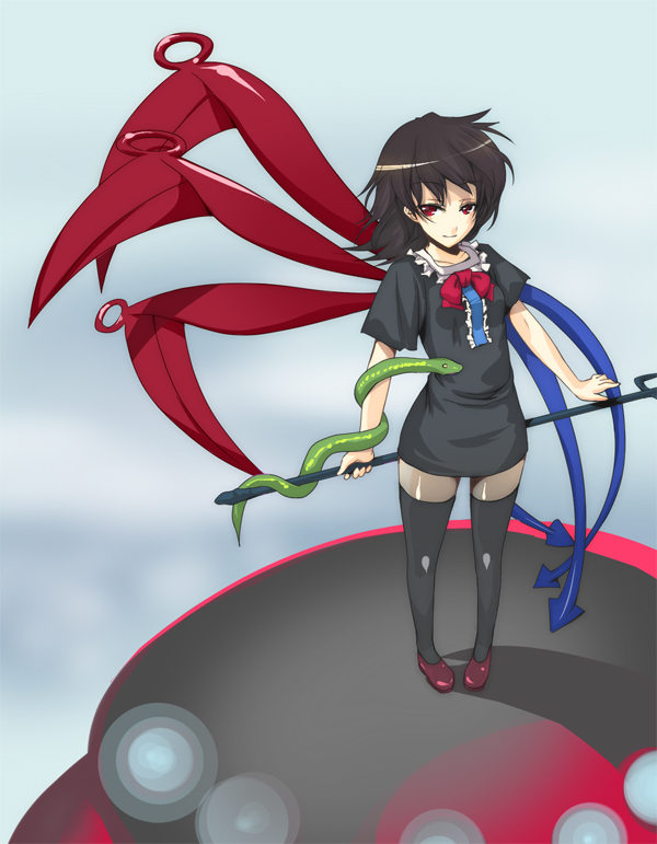 roadksa, houjuu nue, touhou, 1girl, black hair, black thighhighs, female focus, gradient background, polearm, red eyes, short hair, snake, solo, spear, thighhighs, trident, ufo, weapon, zettai ryouiki