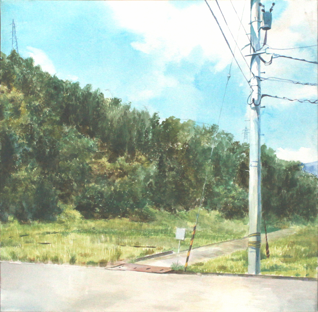 original, commentary request, painting (medium), traditional media, watercolor (medium), blue sky, day, forest, hill, nature, no humans, outdoors, power lines, scenery, sky, utility pole, waka miso