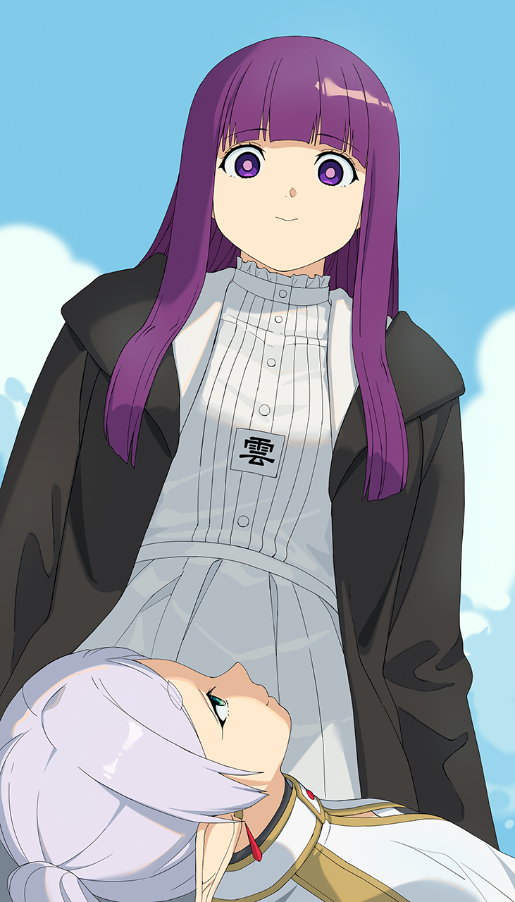 a1 (initial-g), fern (sousou no frieren), frieren, sousou no frieren, commentary request, highres, translation request, 2girls, blue sky, breasts, cloud, dress, earrings, frieren lap pillow (meme), green eyes, grey hair, jewelry, large breasts, long hair, meme, multiple girls, pointy ears, purple eyes, purple hair, sidelocks, sky, small breasts, smile, teardrop earrings, white dress