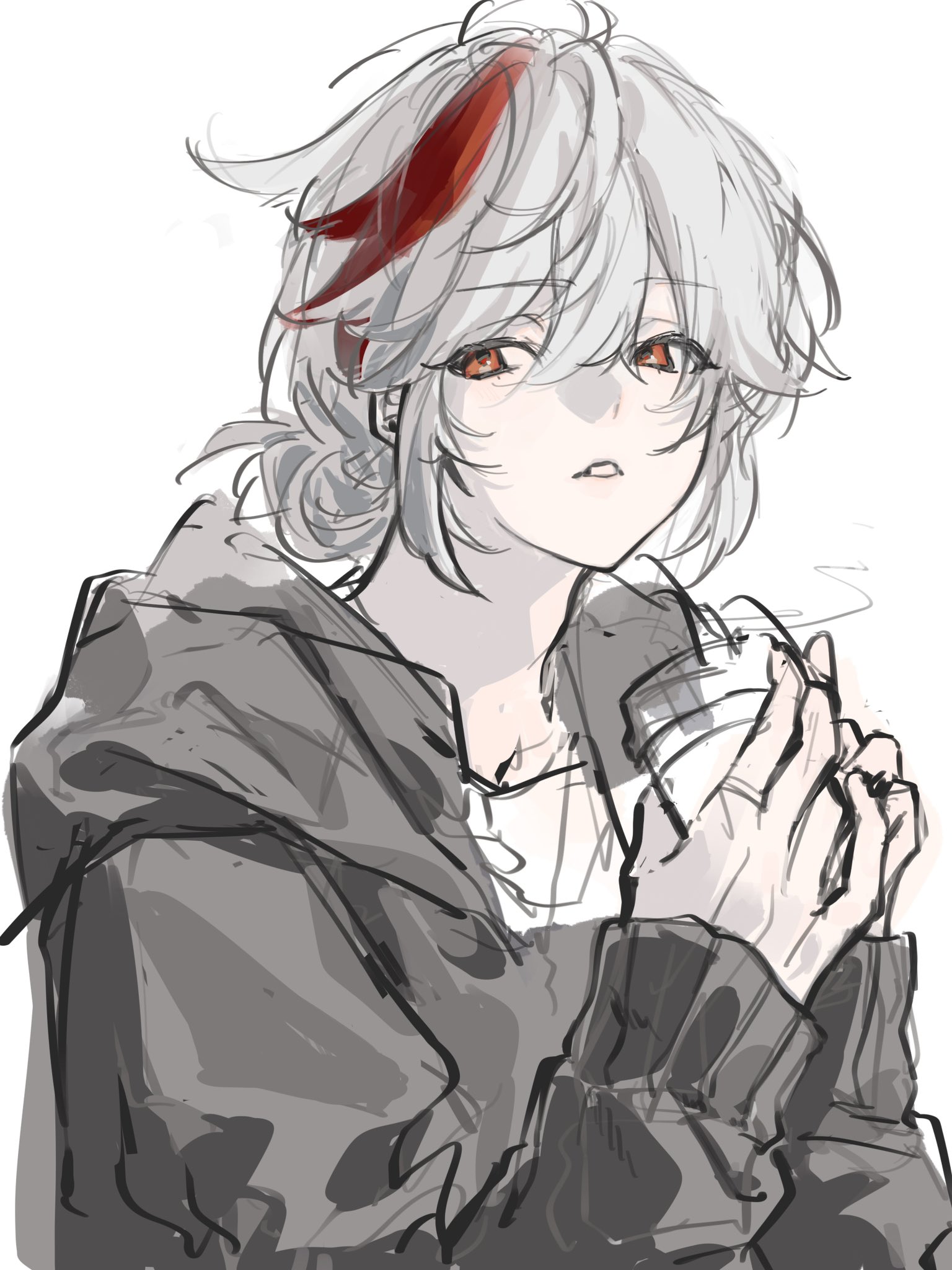 sho yai, kaedehara kazuha, genshin impact, highres, 1boy, alternate costume, closed mouth, grey hoodie, holding, hood, hood down, hoodie, looking to the side, male focus, multicolored hair, orange eyes, red hair, short hair, solo, streaked hair, upper body, white hair