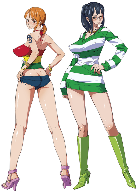 bobobo, nami (one piece), nico robin, one piece, one piece: strong world, purple footwear, textless version, 2girls, ass, bangle, black hair, blunt bangs, blush, boots, bracelet, breasts, brown hair, butt crack, covered erect nipples, crop top, denim, dimples of venus, dress, female focus, full body, glasses, green boots, halterneck, hand on own hip, hands on own hips, high heels, jewelry, knee boots, kneepits, large breasts, legs, log pose, long hair, long legs, long sleeves, looking at viewer, looking back, multiple girls, necklace, parted bangs, ponytail, shiny skin, shirt, shoes, short dress, short shorts, short twintails, shorts, simple background, sleeveless, sleeveless shirt, smile, standing, striped clothes, striped dress, striped sweater, sweater, sweater dress, tattoo, twintails, white background