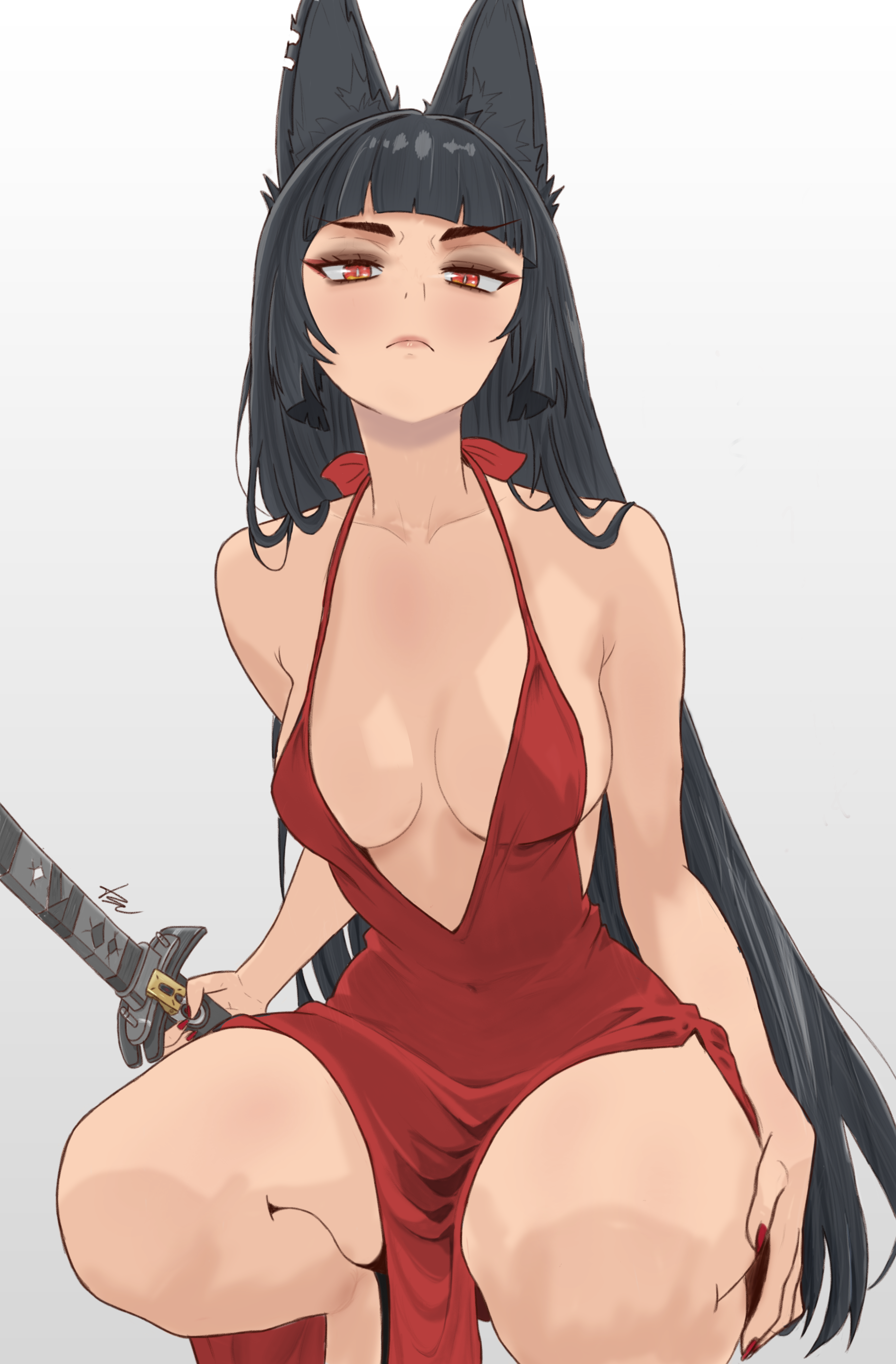 hoshimi miyabi, zenless zone zero, absurdres, highres, self-upload, 1girl, animal ears, breasts, cat ears, dress, large breasts, long hair, red dress, red eyes, shirt, sitting, sword, thick thighs, thighs, tsuicaa, weapon