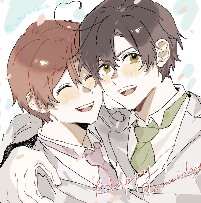 northern italy (hetalia), southern italy (hetalia), axis powers hetalia, commentary request, 2boys, ahoge, artist name, blush, brothers, brown hair, cino22222, closed eyes, collared shirt, confetti, english text, formal clothes, gloves, green necktie, grey jacket, hair between eyes, hand on another's shoulder, hand up, happy, jacket, lapels, long sleeves, looking at viewer, male focus, multiple boys, necktie, open mouth, orange hair, purple necktie, shirt, short hair, siblings, simple background, smile, suit, suit jacket, teeth, tongue, twins, upper body, v-shaped eyebrows, white background, white gloves, white shirt, yellow eyes