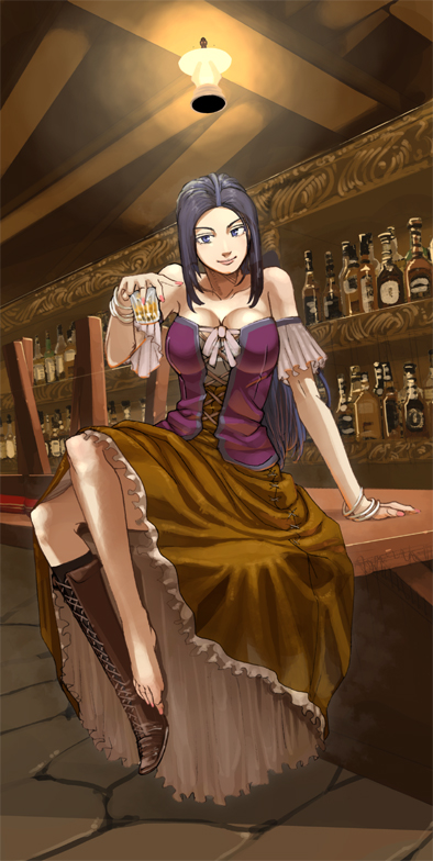 sakamoto kengo, ruida, dragon quest, dragon quest ix, level-5, 1girl, alcohol, arm support, bar (place), bare shoulders, barefoot, barmaid, beer, blue eyes, blue hair, boots, breasts, cleavage, corset, crossed legs, female focus, large breasts, legs, long hair, matching hair/eyes, shoes, single shoe, sitting, smile, solo
