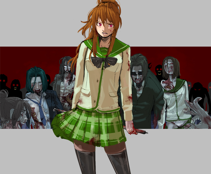 sakamoto kengo, miyamoto rei, highschool of the dead, 1girl, blood, brown hair, long hair, ponytail, red eyes, school uniform, skirt, solo focus, thighhighs, zettai ryouiki, zombie
