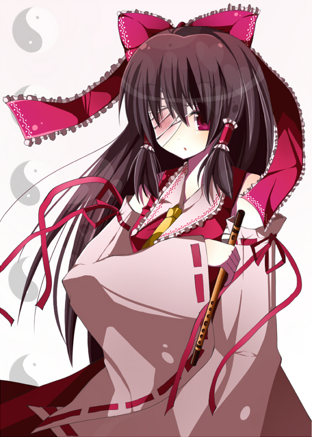 rairateru, hakurei reimu, imperishable night, touhou, bad id, bad pixiv id, 1girl, bandage over one eye, bandages, blood, brown hair, detached sleeves, female focus, flute, instrument, japanese clothes, long hair, miko, red eyes, solo, white background