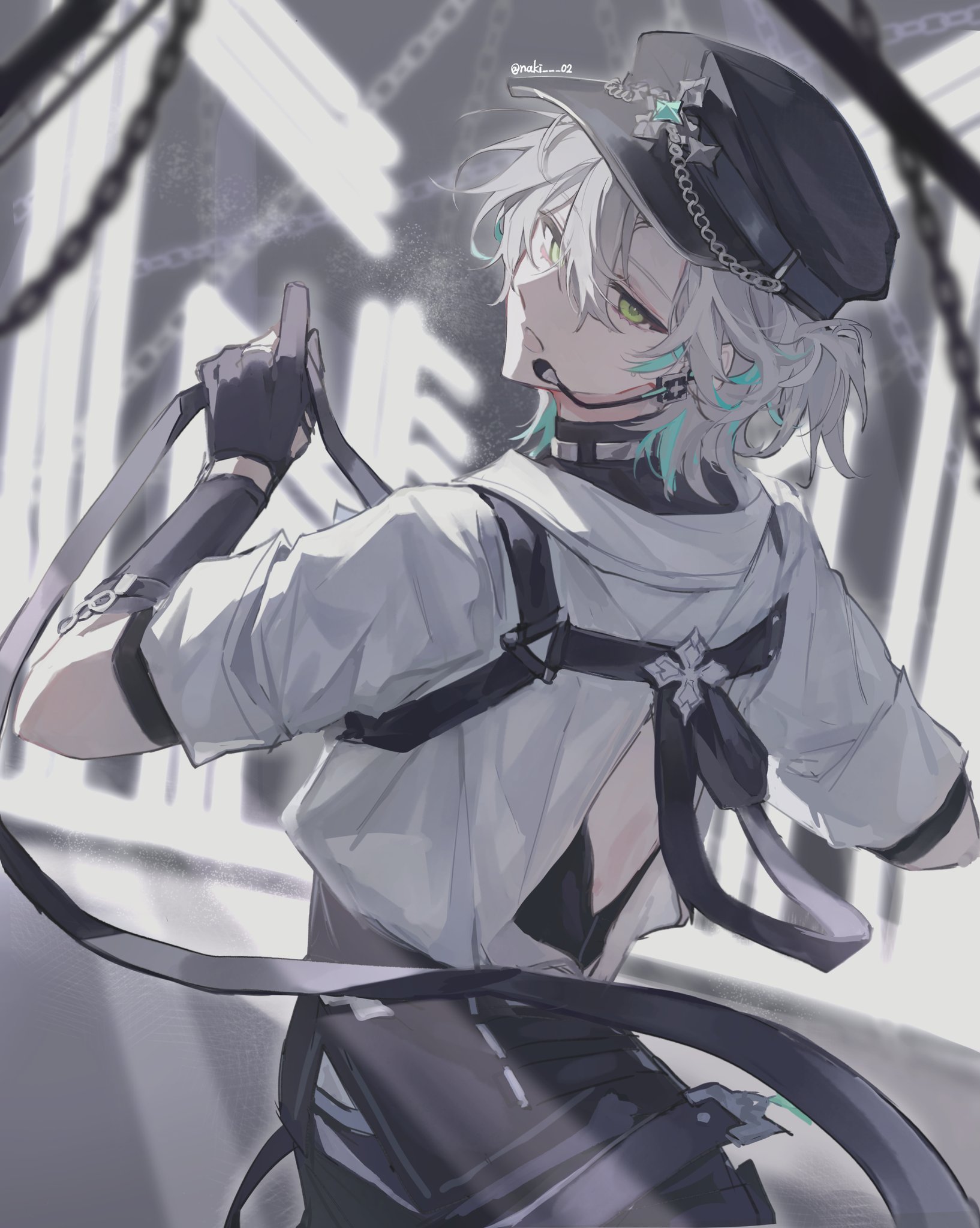 naki (naki 02), ainchase ishmael, elsword, hashtag-only commentary, highres, 1boy, artist name, backless jacket, backless shirt, black gloves, black hat, black pants, black ribbon, black shirt, blue hair, blurry, blurry background, chain, chest harness, colored inner hair, cowboy shot, depth of field, from behind, gloves, green eyes, grey hair, hair between eyes, harness, hat, headset, holding, holding ribbon, jacket, looking at viewer, looking back, male focus, microphone, multicolored hair, official alternate costume, open mouth, pants, partially fingerless gloves, ponytail, ribbon, shirt, short hair, short ponytail, solo, streaked hair, turtleneck, twitter username, white jacket