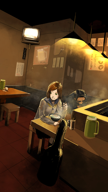 sakamoto kengo, original, brown hair, chopsticks, food, green eyes, guitar case, indoors, instrument case, lamp, noodles, ramen, restaurant, school uniform, serafuku, short hair, smile, smoke, television