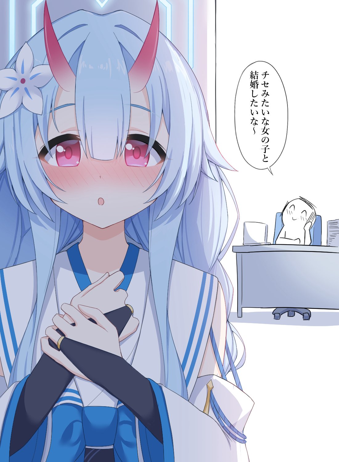yamichi (yamichi8369), chise (blue archive), doodle sensei (blue archive), sensei (blue archive), blue archive, commentary request, highres, translation request, 1boy, 1girl, :o, black bridal gauntlets, blue eyes, blue halo, blunt bangs, blush, braid, bridal gauntlets, center-flap bangs, demon girl, demon horns, detached sleeves, eyes visible through hair, flower, hair between eyes, hair flower, hair intakes, hair ornament, halo, hands up, horns, japanese clothes, kimono, long hair, long sleeves, looking at viewer, nose blush, oni, open mouth, own hands together, red eyes, sidelocks, skin-covered horns, solo focus, speech bubble, tareme, twin braids, upper body, white flower, white kimono, wide sleeves