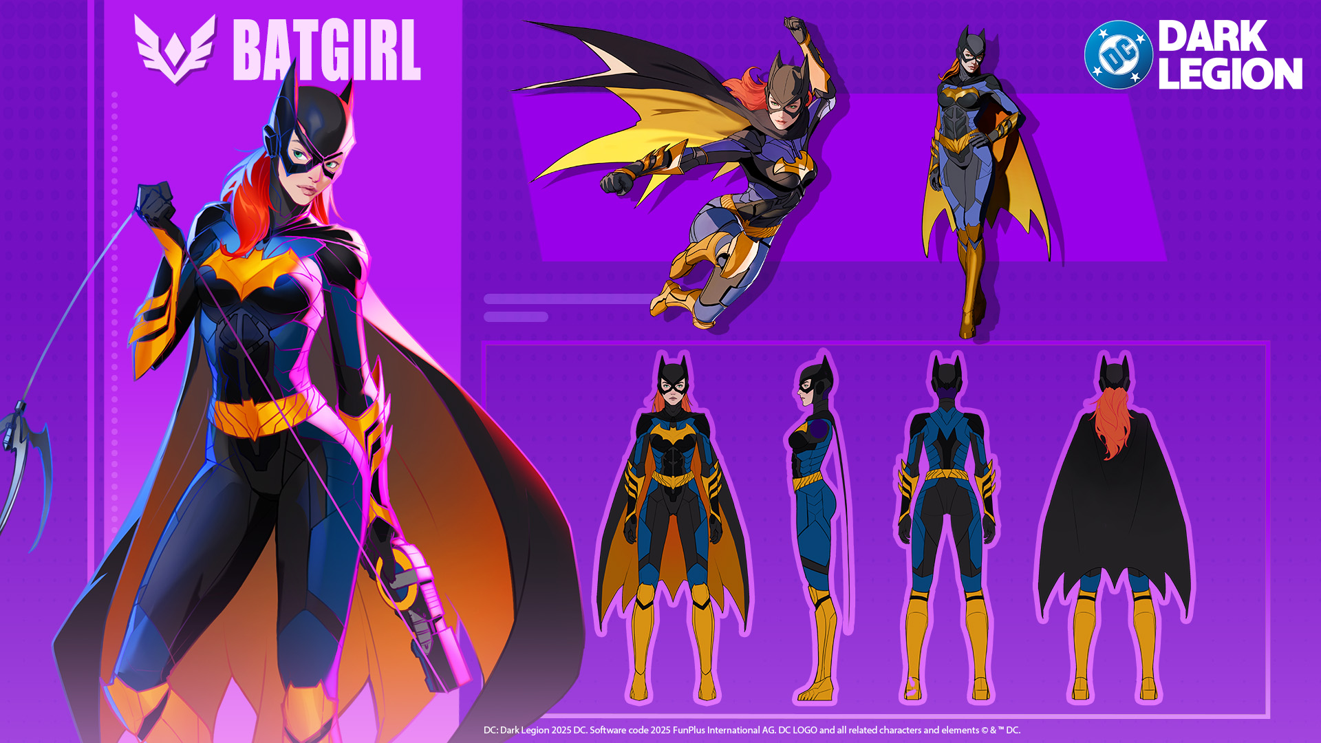 batgirl, dc comics, highres, armored bodysuit, belt, bodysuit, boots, cape, dc: dark legion, gloves, green eyes, high heel boots, high heels, knee boots, knee guards, orange hair, reference sheet, two-sided cape, two-sided fabric, wedge heels, yellow belt, yellow boots