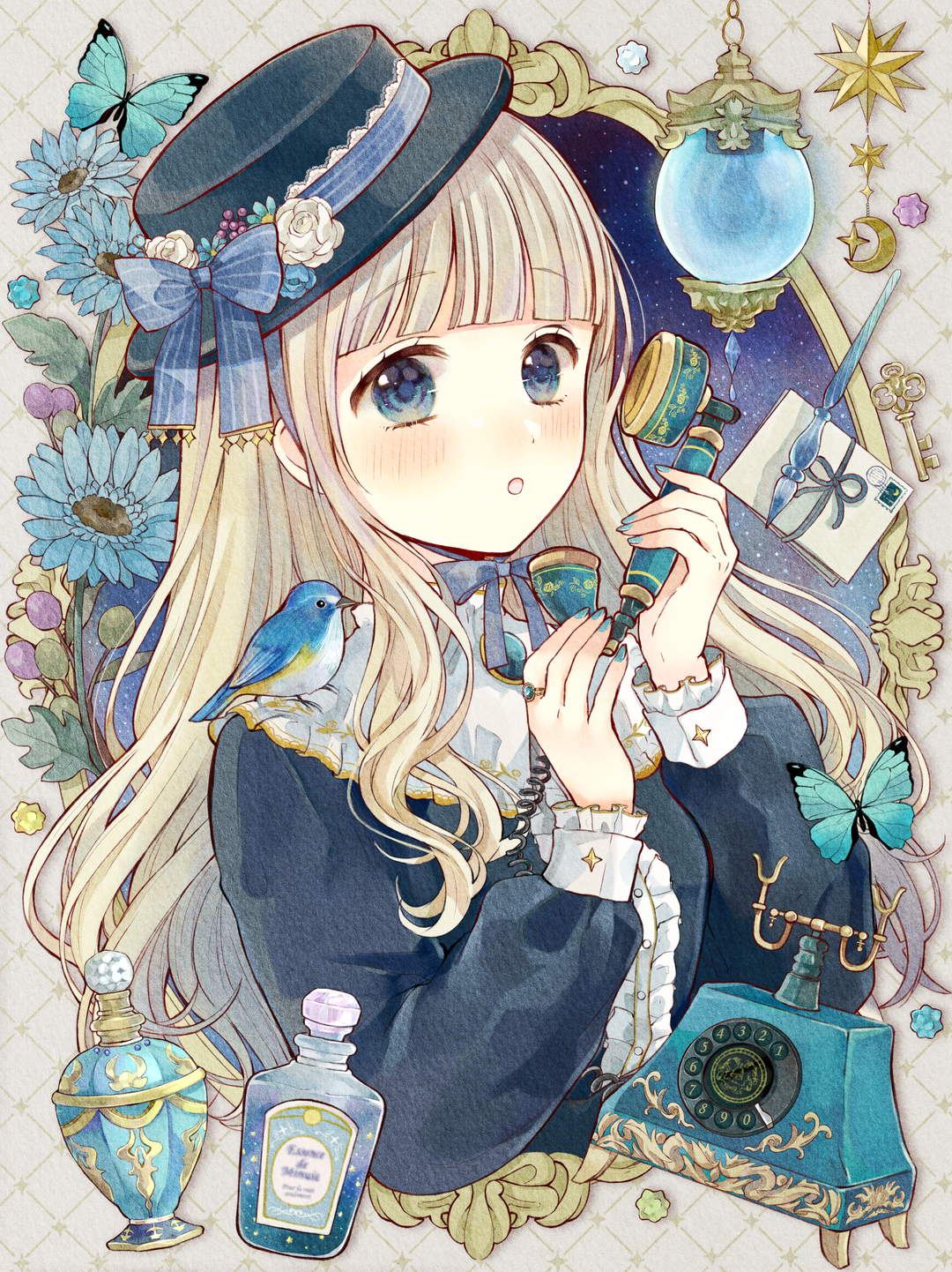 tententuyu, original, blue gem, commentary request, highres, 1girl, :o, animal, animal on shoulder, antique phone, argyle background, bird, bird on shoulder, blonde hair, blue bow, blue butterfly, blue eyes, blue flower, blue hat, blue nails, blue shirt, blunt bangs, boater hat, border, bottle, bow, brooch, bug, butterfly, center frills, chinstrap, corded phone, crescent, envelope, fingernails, flower, frilled shirt collar, frills, gem, hands up, hanging lantern, hat, hat bow, hat flower, holding, holding phone, insect, jewelry, key, lantern, long hair, long sidelocks, long sleeves, looking at viewer, nail polish, ornate border, ornate ring, outside border, pen, perfume bottle, phone, portrait (object), postage stamp, puffy long sleeves, puffy sleeves, ring, rose, rotary phone, shirt, sidelocks, sky, star (sky), star (symbol), star and crescent, starry sky, tit (bird), upper body, wavy hair, white flower, white rose