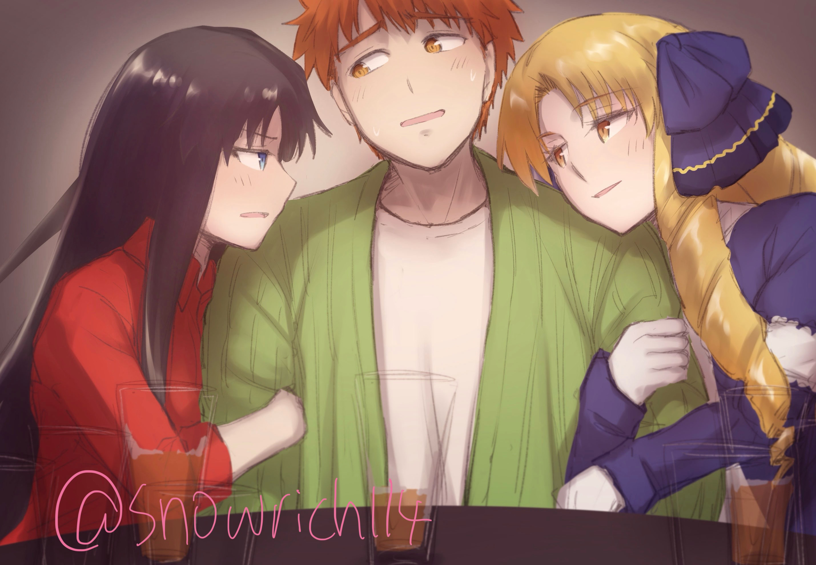 iida toyoyuki, emiya shirou, luviagelita edelfelt, tohsaka rin, fate/stay night, fate/unlimited blade works, fate (series), highres, 1boy, 2girls, black hair, blonde hair, girl sandwich, grabbing another's arm, hug, jealous, long hair, messy hair, multiple girls, orange hair, sandwiched, sweater