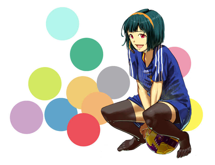 sakamoto kengo, otonashi kotori, idolmaster, idolmaster (classic), 00s, 1girl, ball, blue hair, feet, female focus, full body, green hair, headset, jersey, mole, mole under mouth, red eyes, short hair, smile, soccer ball, solo, thighhighs, white background