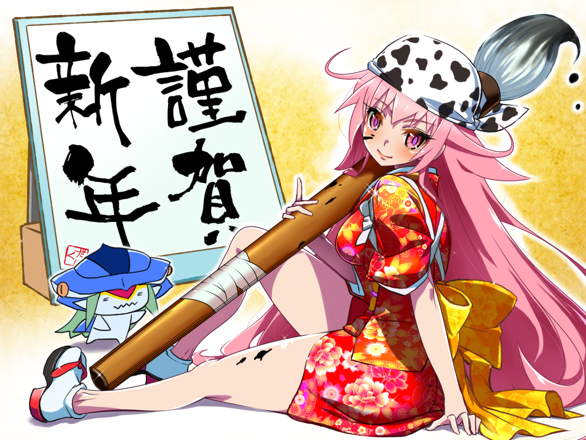 dark heart (arcana heart), pistrix, arcana heart, calligraphy brush, long hair, paintbrush, pink hair