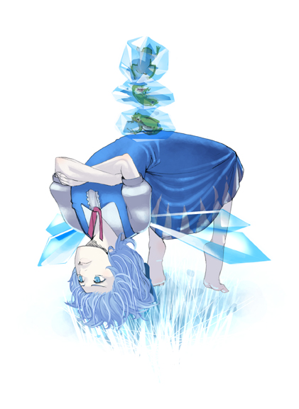 sakamoto kengo, cirno, embodiment of scarlet devil, touhou, 1girl, barefoot, blue eyes, blue hair, crossed arms, exercising, female focus, frog, frozen, frozen frog, full body, ice, matching hair/eyes, short hair, simple background, solo, stretching, tiptoes, upside-down