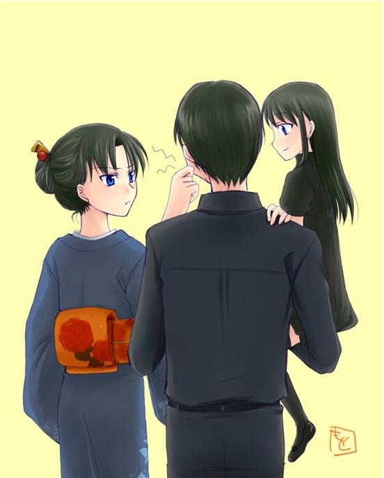 akasuga moyashi, kokutou mikiya, ryougi mana, ryougi shiki, kara no kyoukai, type-moon, md5 mismatch, resolution mismatch, source larger, 1boy, 2girls, alternate hairstyle, bride, carrying, cheek pinching, child, family, family bonding, hair up, husband and wife, japanese clothes, kimono, multiple girls, pinching, wedding