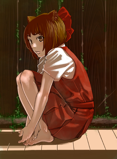 sakamoto kengo, nekomusume, gegege no kitarou, toei company, bad id, bad pixiv id, 1girl, animal ears, barefoot, brown eyes, brown hair, cat ears, feet, female focus, hands on feet, hugging own legs, knees to chest, legs together, short hair, sitting, skirt, solo, squatting