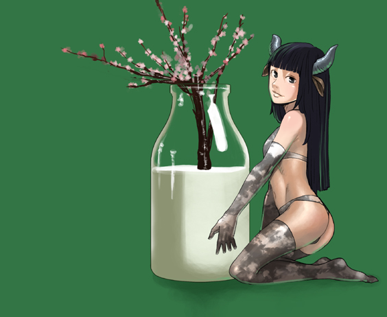 sakamoto kengo, md5 mismatch, resolution mismatch, source smaller, 1girl, animal ears, bikini, black eyes, black hair, bottle, cow ears, cow girl, elbow gloves, female focus, full body, gloves, horns, milk, solo, swimsuit, thighhighs