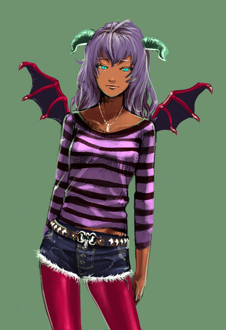 sakamoto kengo, messala (dq5), messala (dragon quest), messara, monster request, dragon quest, dragon quest v, looking away, bad id, bad pixiv id, 1girl, aqua eyes, bat wings, belt, belt buckle, breasts, buckle, casual, cowboy shot, cutoffs, dark-skinned female, dark skin, demon girl, denim, denim shorts, female focus, green background, horns, jewelry, long hair, long sleeves, midriff, mini wings, necklace, pantyhose, pantyhose under shorts, personification, pink pantyhose, purple hair, red pantyhose, shirt, short shorts, shorts, simple background, small breasts, solo, standing, striped clothes, striped shirt, studded belt, wings