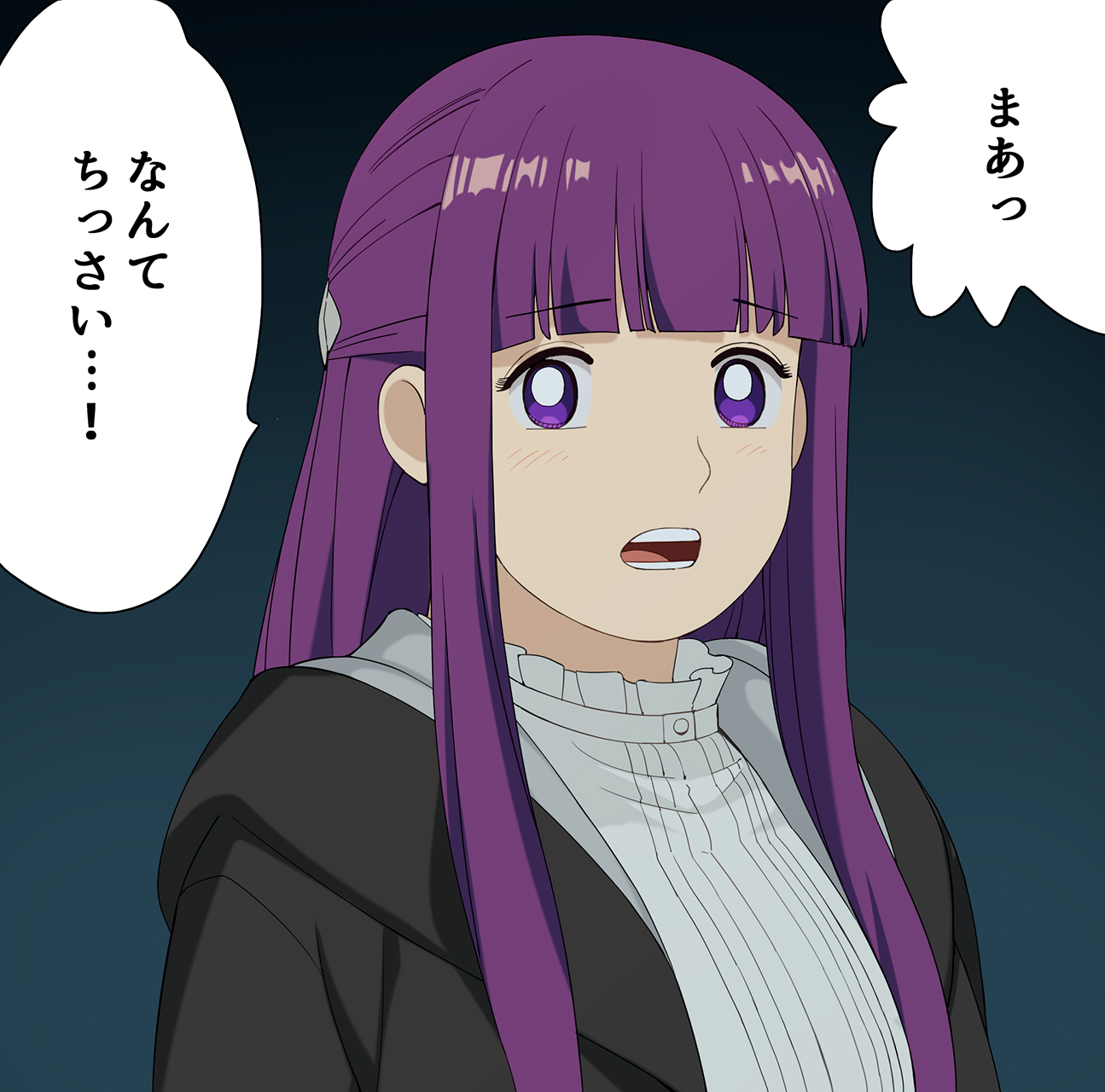 a1 (initial-g), fern (sousou no frieren), sousou no frieren, commentary request, highres, translation request, 1girl, black coat, blunt bangs, breasts, coat, half updo, hood, hood down, hooded coat, large breasts, open mouth, purple eyes, purple hair, sidelocks, solo, upper body