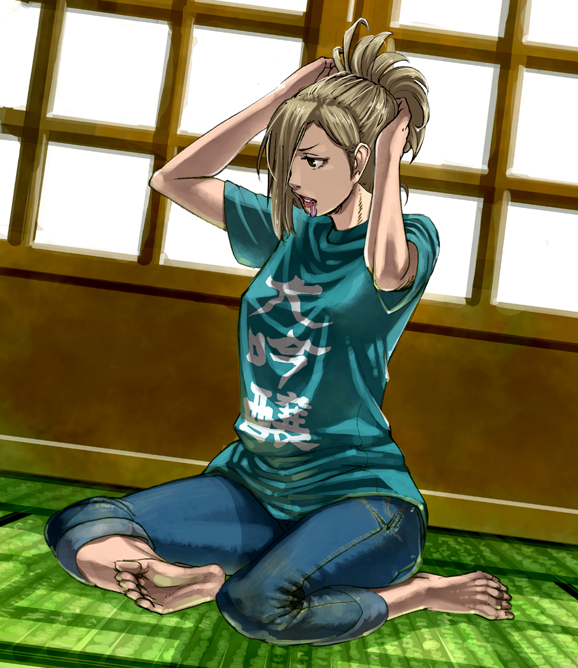 sakamoto kengo, hyakurin, blade of the immortal, 1girl, adjusting hair, barefoot, blonde hair, brown eyes, capri pants, casual, denim, dutch angle, feet, female focus, jeans, long hair, on floor, pants, shirt, sitting, soles, solo, t-shirt, tatami, yokozuwari