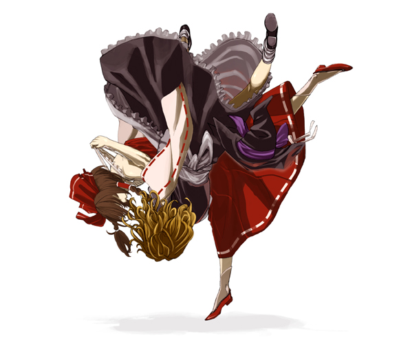 sakamoto kengo, hakurei reimu, kirisame marisa, touhou, 2girls, battle, black hair, blonde hair, bow, detached sleeves, dress, female focus, hair bow, hair ribbon, harai goshi, hat, japanese clothes, judo, judo throw, miko, multiple girls, ribbon, simple background, witch, witch hat, wrestling