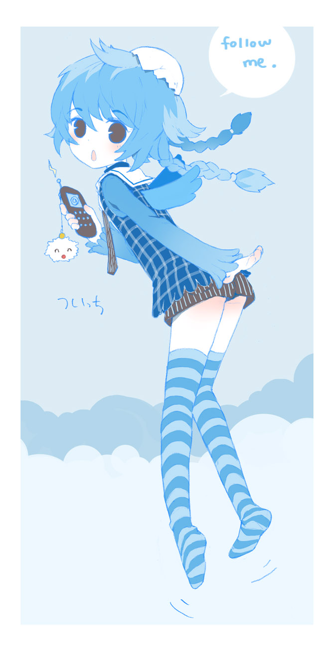 tiv, twit-tan, twitter, bad id, bad pixiv id, highres, blue hair, braid, cellphone, cellphone charm, cellphone strap, charm (object), english text, long hair, looking back, phone, solo, striped clothes, striped thighhighs, thighhighs, twin braids, twintails, wings