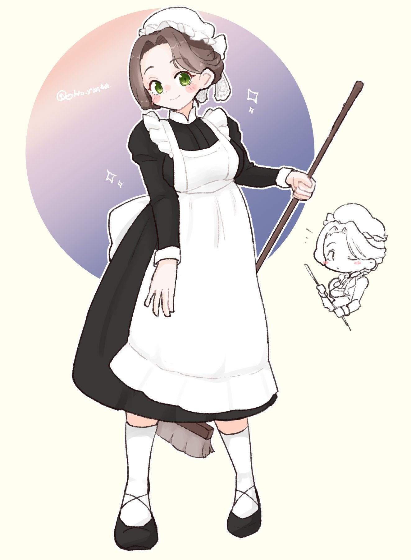 olto rondo, original, commentary request, highres, 1girl, apron, black dress, black shoes, blush, broom, brown hair, closed mouth, doodle inset, dress, full body, green eyes, hat, holding, holding broom, long hair, long sleeves, looking at viewer, maid, maid apron, mob cap, multiple views, shoes, smile, socks, white apron, white hat, white socks, yellow background