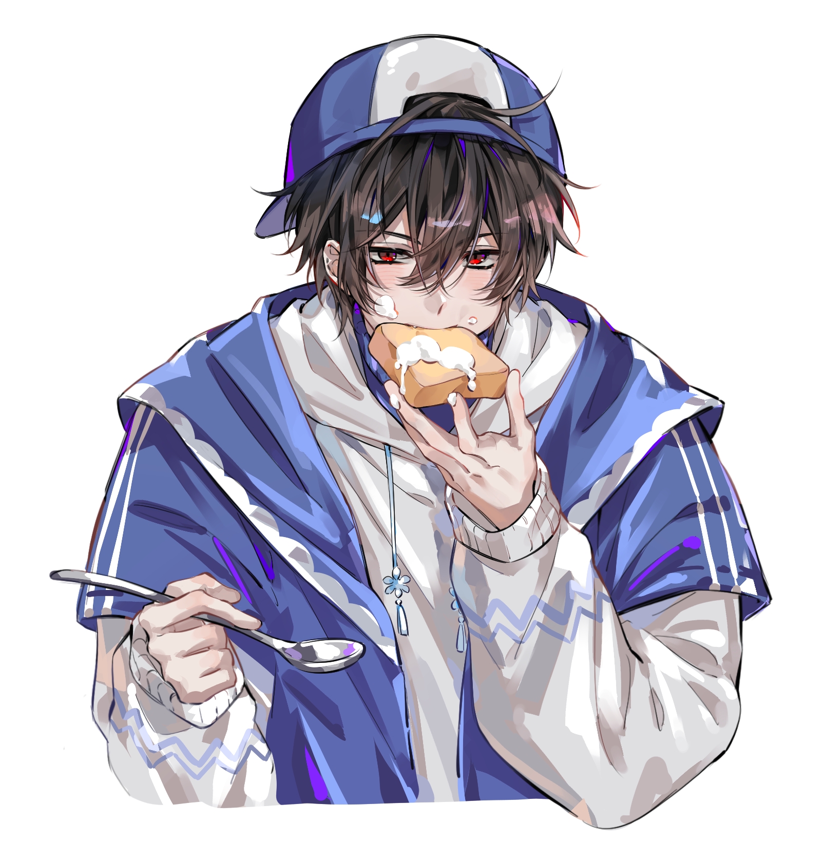 ivel3, ayn alwyn, lovebrush chronicles, chinese commentary, commentary request, highres, 1boy, averting eyes, backwards hat, blue hat, blue jacket, bread, brown hair, cropped torso, eating, food, hair between eyes, hat, holding, holding bread, holding spoon, hood, hood down, hoodie, jacket, long sleeves, male focus, marshmallow, puffy long sleeves, puffy sleeves, red eyes, solo, spoon, upper body, white hoodie