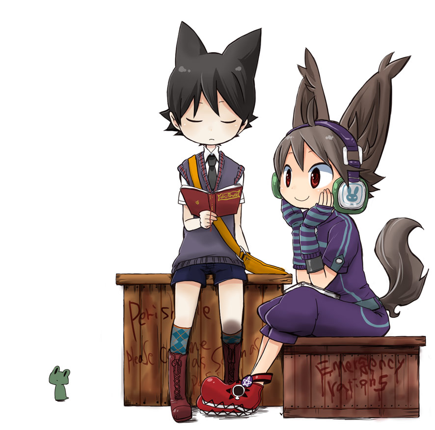 sana (memechi), original, animal ears, book, box, fingerless gloves, frog, gloves, headphones, on box, sitting, sitting on box, smile, tail