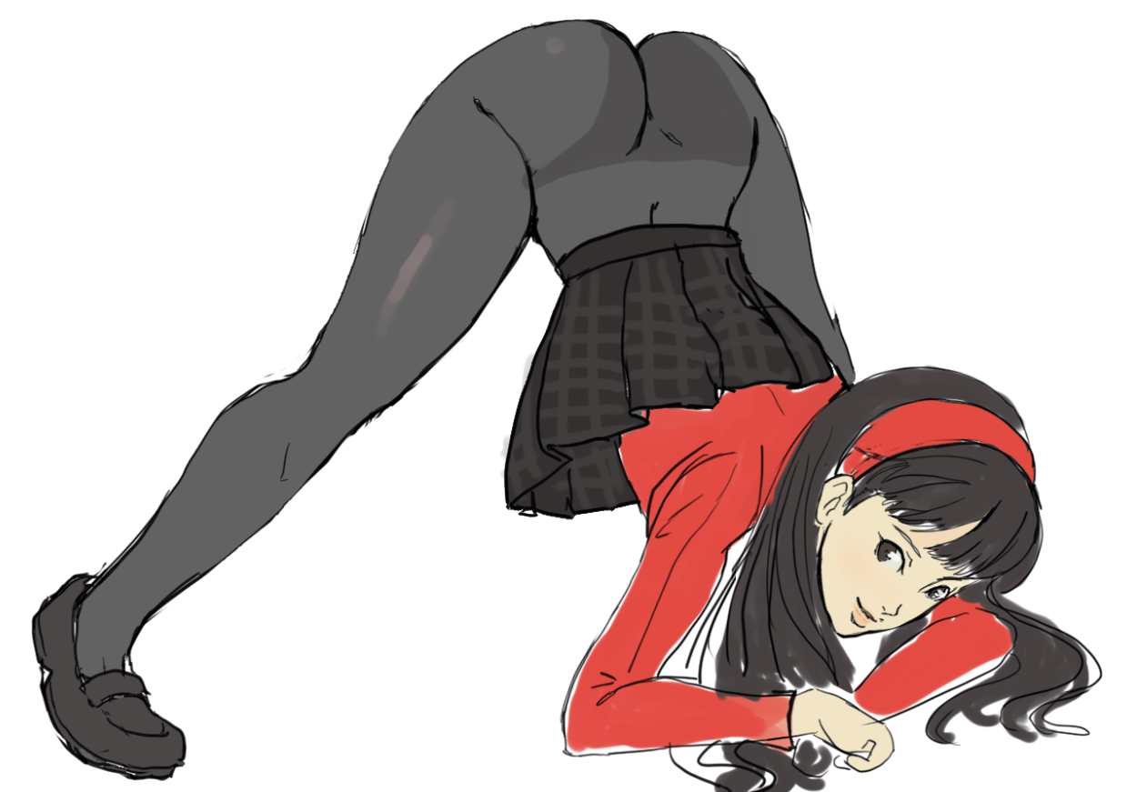 sunbeam (artist), amagi yukiko, persona, persona 4, shin megami tensei, 1girl, ass, black hair, blue eyes, butt crack, hairband, jack-o' challenge, long hair, looking at viewer, pantyhose, pleated skirt, simple background, skirt, solo, straight hair