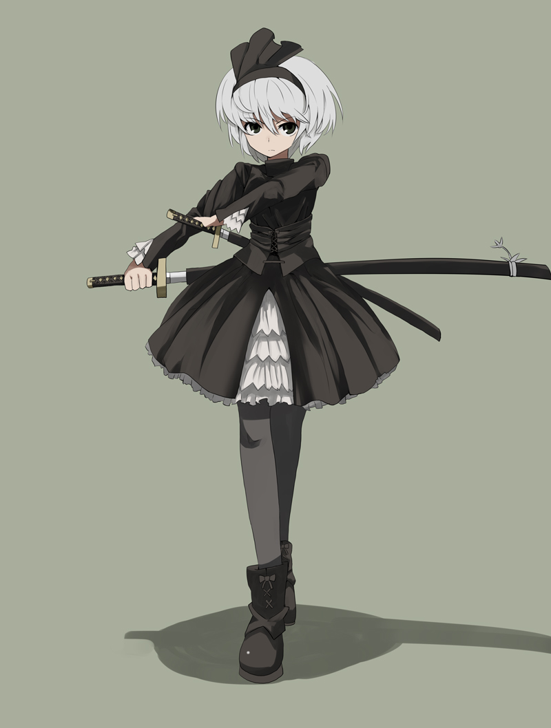 mieharu, artoria pendragon (fate), konpaku youmu, saber (fate), saber alter, saber alter (gothic lolita), fate/stay night, fate (series), touhou, silver hair, 1girl, black boots, black pantyhose, boots, cosplay, dress, dual wielding, female focus, frills, gothic lolita, grey background, grey eyes, hairband, holding, katana, lolita fashion, official alternate costume, pantyhose, ribbon, saber alter (cosplay), sheath, short hair, simple background, solo, sword, tanto, unsheathing, weapon