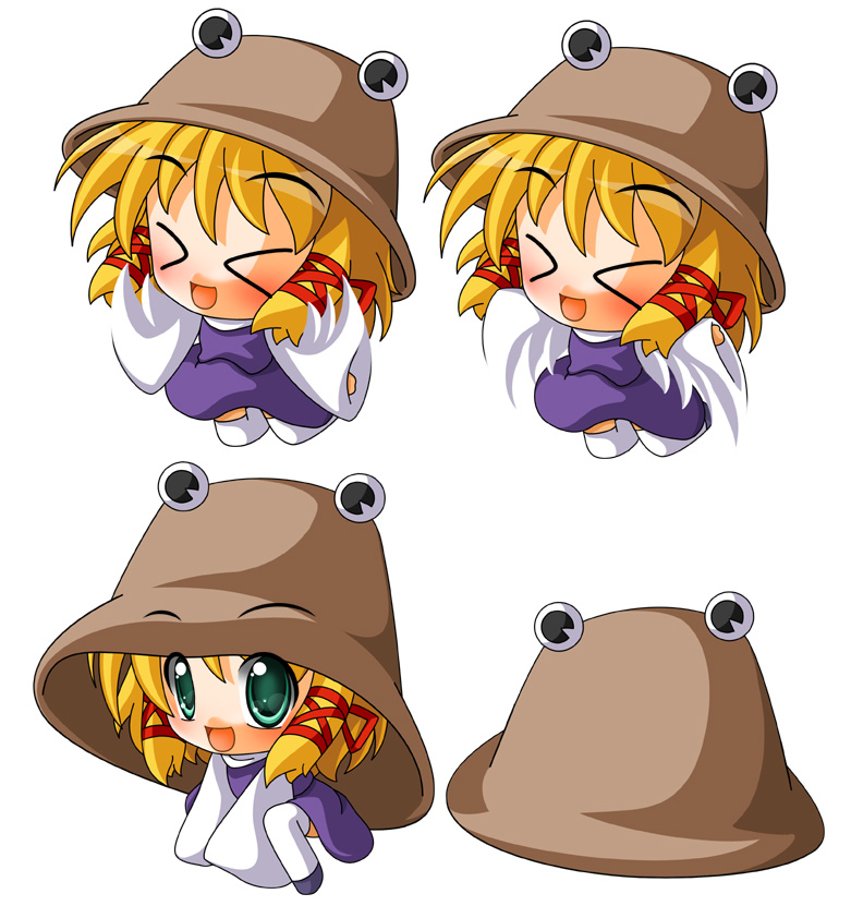 shinjitsu, moriya suwako, pyonta, touhou, bad id, bad pixiv id, > <, > <, 1girl, :d, aqua eyes, blonde hair, blue eyes, chibi, closed eyes, dress, female focus, hair ribbon, hat, open mouth, ribbon, short hair, simple background, smile, solo, thighhighs, white background, white thighhighs, xd