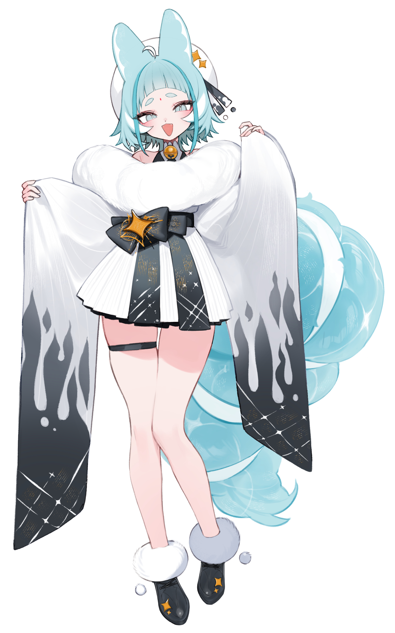 hoshi usagi, original, commentary, english commentary, highres, 1girl, ahoge, animal ears, arched bangs, bare legs, bare shoulders, bell, beret, black boots, black bow, blue eyes, blue hair, blue tail, blunt bangs, boots, bow, bright pupils, facial mark, fangs, flame print, forehead mark, full body, fur-trimmed boots, fur trim, hands up, hat, jingle bell, looking at viewer, mercedes (hoshi usagi), miniskirt, multicolored hair, neck bell, open mouth, pleated skirt, pom pom (clothes), short eyebrows, short hair, simple background, skirt, slit pupils, smile, solo, standing, streaked hair, thick eyebrows, thigh strap, white background, white hair, white hat, white pupils, white skirt, wide sleeves